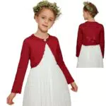 Danna Belle Mädchen Bolero 122 Kinder Strickjacke 128 Cardigan mit Schleife aus Samt dran Festlich Kommunion Tauf Hochzeit Einschulung Rot 7-8 Jahre