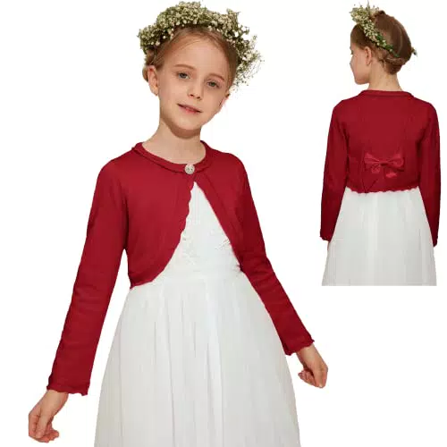 Danna Belle Mädchen Bolero 122 Kinder Strickjacke 128 Cardigan mit Schleife aus Samt dran Festlich Kommunion Tauf Hochzeit Einschulung Rot 7-8 Jahre