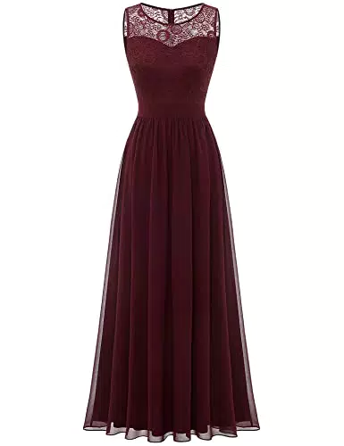 Dressystar 0046 Abendkleid Basic Chiffon Spitzen Ärmellos Brautjungfernkleider Bodenlang Burgundy L