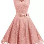 Dressystar Damen Elegant V-Ausschnitt Floral Spitzenkleid Cocktailkleid Kurz Brautjungfer Vintage Party Kleid Blush M