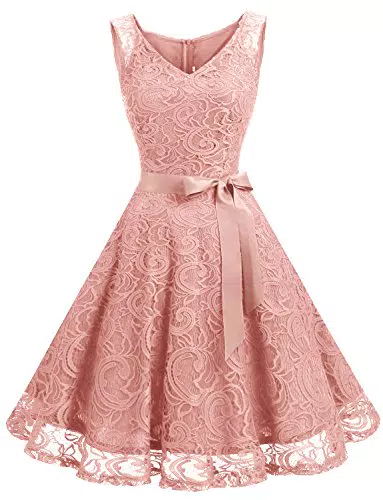 Dressystar Damen Elegant V-Ausschnitt Floral Spitzenkleid Cocktailkleid Kurz Brautjungfer Vintage Party Kleid Blush M