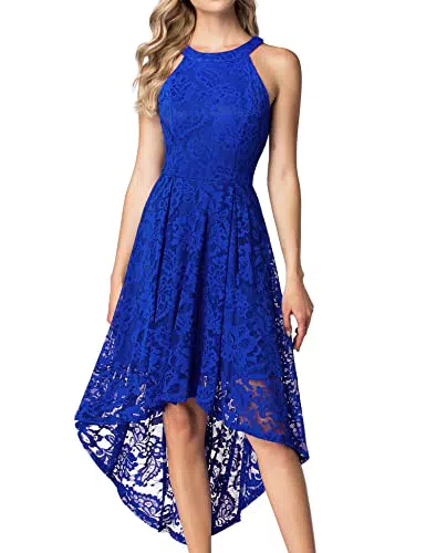Dressystar Damen Vokuhila Lang Cocktailkleid Festlich Hochzeit Spitzenkleid Schulterfrei Ballkleid Royalblau M