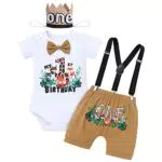 Dschungel Baby Jungen 1. Geburtstag Party Outfit Waldtier Baumwolle Kurzarm Strampler Body Shorts Hosenträger König Krone Hut Bekleidungsset Fotoshooting Kostüme 4tlg Braun Giraffe 12-18 Monate