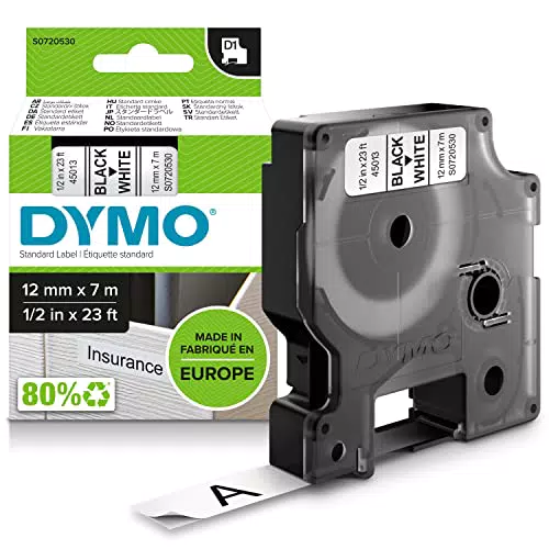 DYMO Original D1-Etikettenband, schwarz auf weiß, 12 mm x 7 m