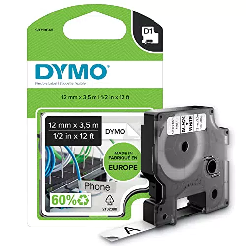 DYMO Schriftband D1 S0718040 Polyamid Bandfarbe: Weiß Schriftfarbe:Schwarz 12mm 3.5m