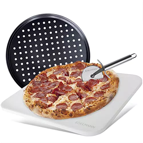 Edelmann Pizzastein für Backofen & Gasgrill - Pizzastein rechteckig - inkl. Pizzablech & Pizzaschneider - Pizza Stone - 38 x 30 1