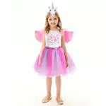 Einhornkostüm für Mädchen, rosa funkelndes Einhornkleid mit Einhornflügeln