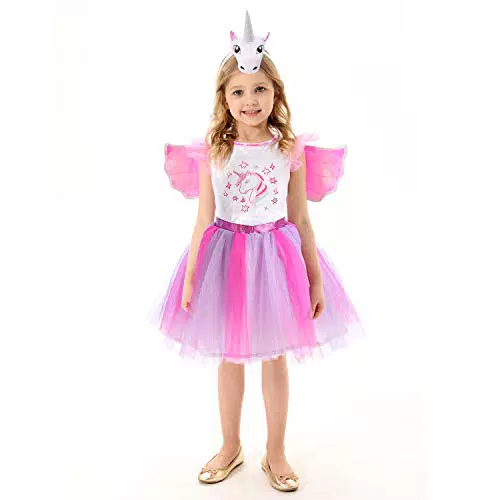 Einhornkostüm für Mädchen, rosa funkelndes Einhornkleid mit Einhornflügeln
