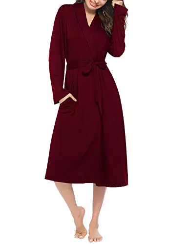 Ekouaer Lang Bademantel Kimono Morgenmantel V Ausschnitt Langarm Robe Saunamantel Umstandskleidung Umstandsmode Nachtwäsche Loungewear mit Gürtel und Taschen