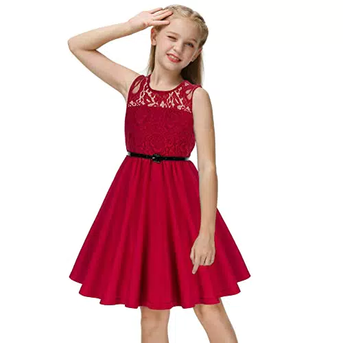 Elegant Mädchen A-Linie Kleider mit Spitzen Hochzeit Ärmellos Rundhalsausschnitt Kleid Weinrot 06Y