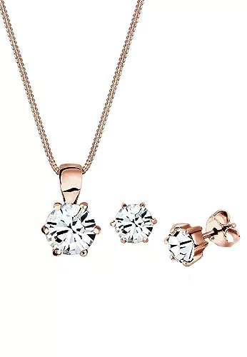 Elli Schmuckset Damen Klassisch Solitär Anhänger Set Ohrstecker mit Kristallen in 925 Sterling Silber Rosévergoldet