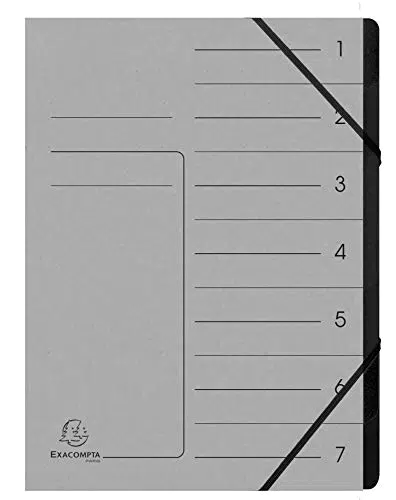Exacompta 540711E Premium Ordnungsmappe geheftet. Aus extra starkem Colorspan-Karton DIN A4 7 schwarze Fächer und 2 Gummizüge mit Organisationsdruck Ringmappe Register-Mappe grau