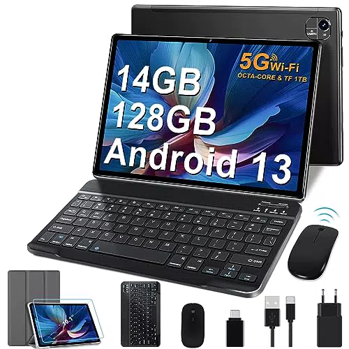 FACETEL Android 13 Tablet 10 Zoll mit 5G WiFi Octa-Core 2.0Ghz Prozessor Ultraschnelles Tablet PC mit 14 GB RAM + 128GB ROM TF 1TB