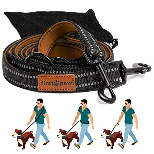 FIRSTPAW Hundeleine 2m für kleine mittelgroße und große Hunde - Verstellbar Umhängeleine Hund 1.1m / 1.3m / 1.5m / 2m - Multifunktionelle Führleine - Doppelleine für Hunde mit 2 Karabiner Schwarz