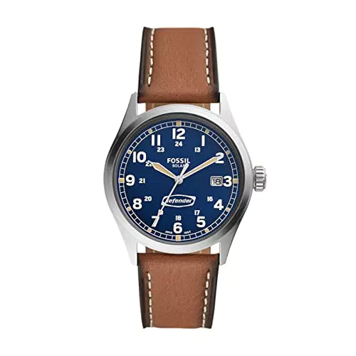 FOSSIL Herrenuhr Defender, Solaruhrwerk, 40MM Silbernes Edelstahlgehäuse mit ProPlanet Lederarmband