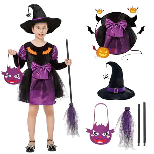Funnlot Hexenkostüm Mädchen, Halloween Kostüm Karneval Fasching Hexenkleid mit Hexenhut