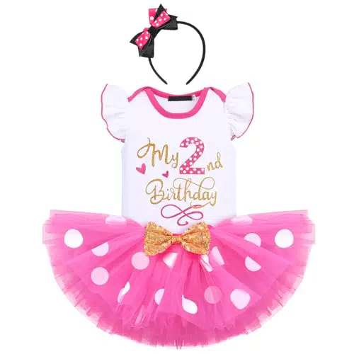FYMNSI Baby Mädchen Mein 2. Geburtstag Outfit Maus Kostüm Gepunktet Tütü Rock Baumwolle Kurzarm Body Strampler mit Ohr Stirnband 3tlg Bekleidungsset Fotoshooting Rose - Mein 2. Geburtstag 2 Jahre