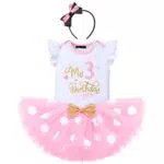 FYMNSI Baby Mädchen Mein 3. Geburtstag Outfit Maus Kostüm Gepunktet Tütü Rock Baumwolle Kurzarm T-shirt Tops mit Ohr Stirnband 3tlg Bekleidungsset Fotoshooting Rosa - Mein 3. Geburtstag 3 Jahre
