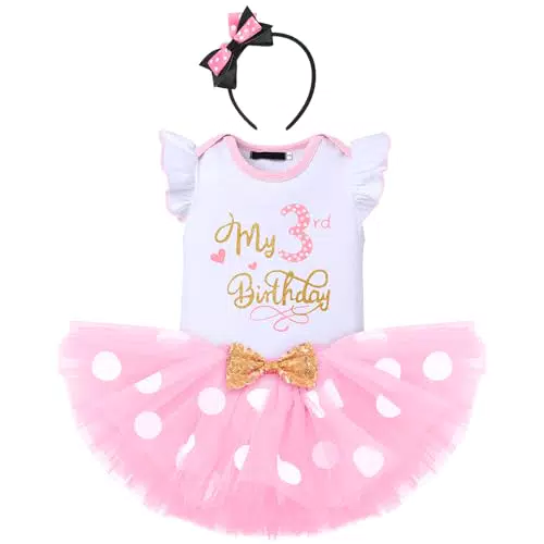 FYMNSI Baby Mädchen Mein 3. Geburtstag Outfit Maus Kostüm Gepunktet Tütü Rock Baumwolle Kurzarm T-shirt Tops mit Ohr Stirnband 3tlg Bekleidungsset Fotoshooting Rosa - Mein 3. Geburtstag 3 Jahre