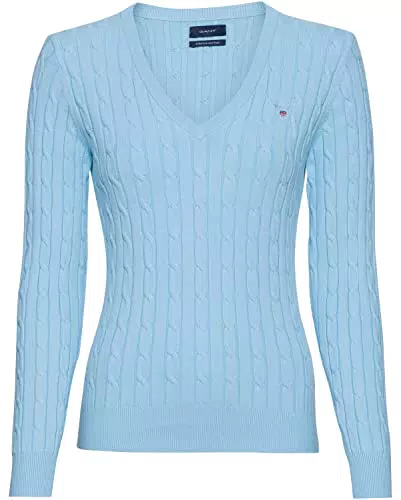 GANT Damen Stretch Cotton Cable V-Neck Pullover, Waterfall Blue