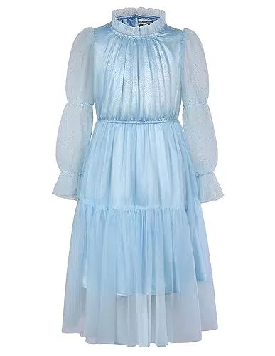 Girls Süß Elegant Knielang A-Linien Kleider Prinzessin Glitzer Bronzierendes Netzkleid mit Langarm und Rundhalsausschnitt Hellblau 8-10 Jahre