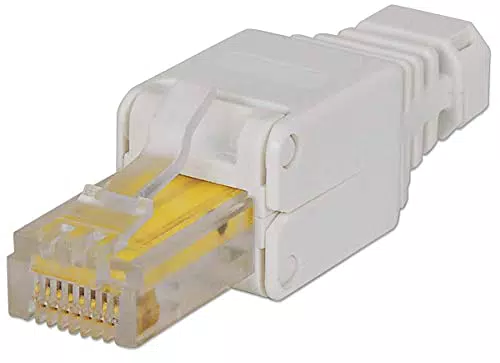 goobay 68859 RJ45 Stecker CAT 5e UTP ungeschirmt /Werkzeugfreier / LAN Stecker für Rundkabel / Ethernet Stecker mit farblich makierten Kabelkontakten / Selbstmontage ohne Crimpzange / Weiß