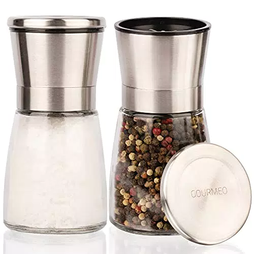 GOURMEO Gewürzmühle 2er Set mit verstellbarem Keramikmahlwerk Edle Salz- und Pfeffermühle aus hochwertigem Edelstahl für verschiedene Gewürze einsetzbar