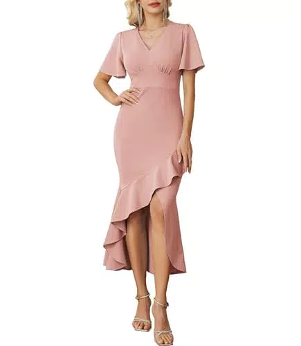 GRACE KARIN Damen Abendkleider Cocktailkleid Kurzarm Einfarbig Bodycon Party Kleider Meerjungfrau Kleid Rosa S