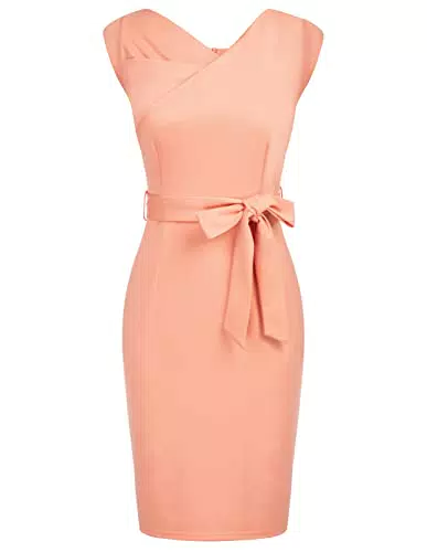 GRACE KARIN Damen Figurbeton Rockabilly Knielang Sommer Vintage Businesskleider Edel Bleistift Kleider mit Schleife GürtelRosa XXL