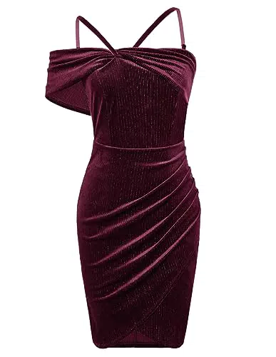 GRACE KARIN Damen Knielang Partykleid Ärmelloses Figurbetontes Etuikleid Schulterfrei Abendkleid mit Flachem Kragen Sexy Retro Midikleid Weinrot