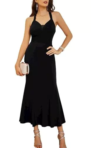 GRACE KARIN Lang Cocktailkleid Damen Elegant Sexy Rückenfreies V-Ausschnitt Festlich Party Ballkleid Schwarz M