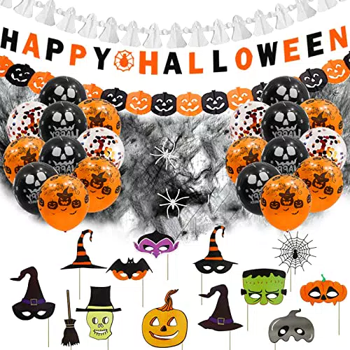 GRESATEK Halloween Deko Luftballon Banner Set, 3 Stück Geister Kürbis Happy Halloween Flagge
