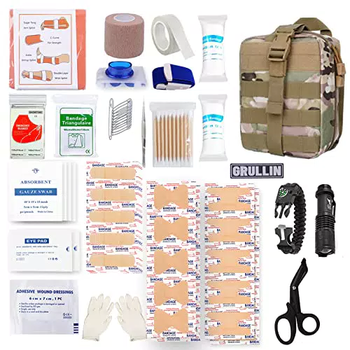 GRULLIN Erste Hilfe Überlebenskits, militärische Outdoor EDC Ausrüstung Molle Pouch Tactical Flashlight Splint Roll Trauma Sets für Campingjagd