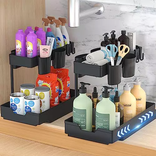 GuKKK Spülschrank 2 St. Unter Waschbecken Regal, 2 Etagen Küchenschrank Organizer mit Edelstahlrohr