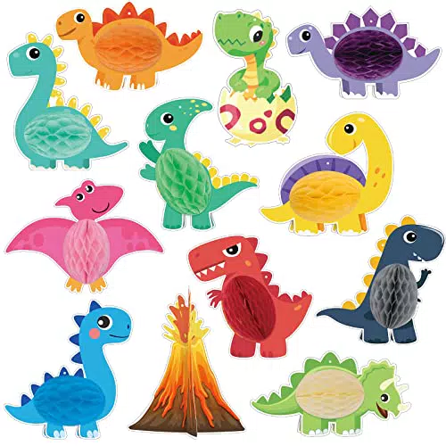 HONMOK 12 Stück Dinosaurier Junge Geburtstagsdeko Dinosaurier Bienenwabe Dino Honeycomb Tiere Mittelstücke Tischaufsätze für Kindergeburtstag Thema Party