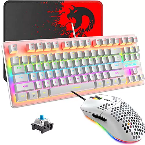 Hoopond Wired Gaming Keyboard Mausset, Mini 87 Tasten Mechanische Kompakttastatur mit blauem Schalter