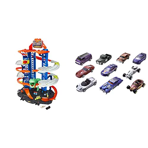 Hot Wheels Exklusives Kombi-Angebot: Hot Wheels GJL14 City Robot Rex Megacity Parkgarage mit Spielzeug Dinosaurier inkl. 2 Spielzeugautos + Hot Wheels 54886 1:64 Die-Cast AutoGeschenkset