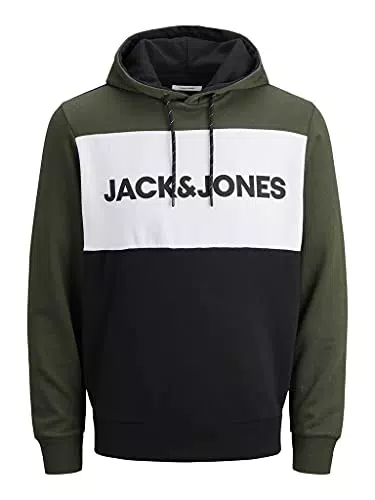JACK & JONES Herren-Farben-Block-Logo Fleece-Hoodie - Forest Night - L