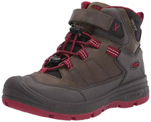 KEEN Redwood MID WP-Y Hiking Boot, Steel Grey/Red Dahlia