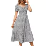 KOJOOIN Damen Kleid Kariert Sommerkleid Kurzarm Vintage Kleid Lange Midikleid Casual Hohe Taille Tunika Freizeitkleid Schwarz S