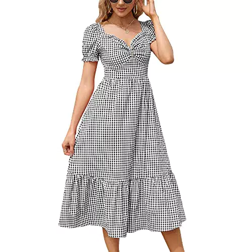 KOJOOIN Damen Kleid Kariert Sommerkleid Kurzarm Vintage Kleid Lange Midikleid Casual Hohe Taille Tunika Freizeitkleid Schwarz S
