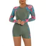Langarm Badeanzug für Damen, One Piece Floral Swim Shirt Boyleg Bottoms Rash Guard Swimwear Badeanzug Reißverschluss Surfen Neoprenanzug Schnorchelanzug UV-Schutz Badeanzug Dunkelgrün L