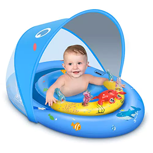 LAYCOL Schwimmring Baby mit UPF50+ Sonnenschutzdach & Spielzeug