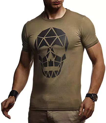 Leif Nelson Herren Sommer T-Shirt Rundhals-Ausschnitt Slim Fit Baumwolle-Anteil Basic Männer Totenkopf T-Shirt Crew Neck Hoodie-Sweatshirt Kurzarm lang LN4345 Khaki Medium