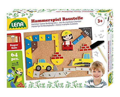 Lena 65828 Hammerspiel, Nagelspiel mit 64 bunten 8 Baustellen Teilen