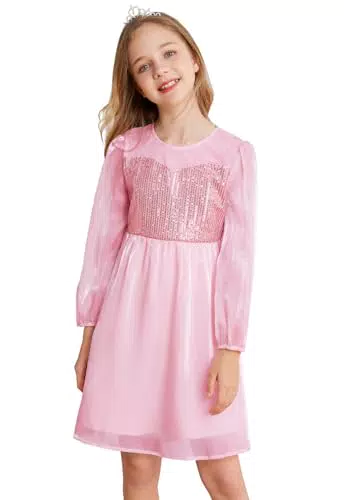 Mädchen Kleider Pailletten Prinzessin Festliches 116 Kinderkleid 122 Party Weihnachten Hochzeit Geburtstag Ballkleid Blumenmädchen Elegant A-line Crew Neck Langarm Rosa