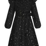 Mädchen Solide Farbe Langarm Partykleider mit Abnehmbarem Gürtel Casual Eckiger Kragen Solid Farbe Knielanges Bronzierendes Kleid Schwarz 5-6 Jahre