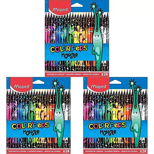 Maped 862624 - ergonomische Drei-Kant-Buntstifte, Farbstifte COLOR'PEPS BLACK MONSTER - schwarzer Schaft und bunte Monster-Bedruckung - 24x Stifte