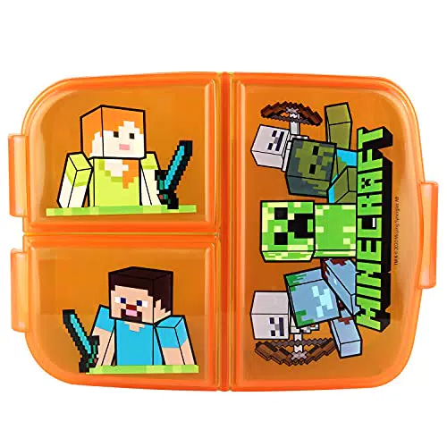 Minecraft Brotdose für Kinder mit 3 Fächern, Lunchbox aus Kunststoff mit Clip-Verschlüssen