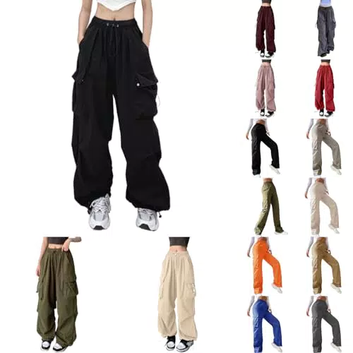 Modaworld Damen Cargo Hose Cargohose Baggy Hose y2k Track Pants Niedrige Taille Locker Lange Hosen Streatwear Pants mit Taschen Tunnelzug